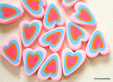 Pink, Blue, Orange And Fuchsia Heart Wood Beads x 5
